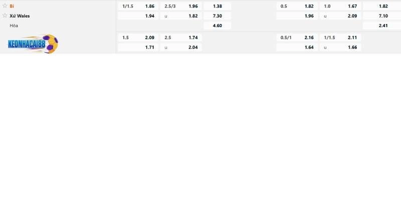 Tỉ lệ kèo trận Bỉ vs Xứ Wales